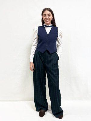 Pantalón ancho pliegues tartán azul y verde