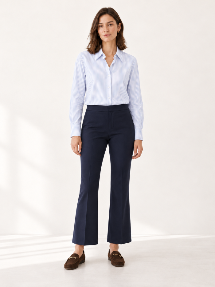 Pantalón flare azul marino de mujer combinado con camisa de rayas celeste