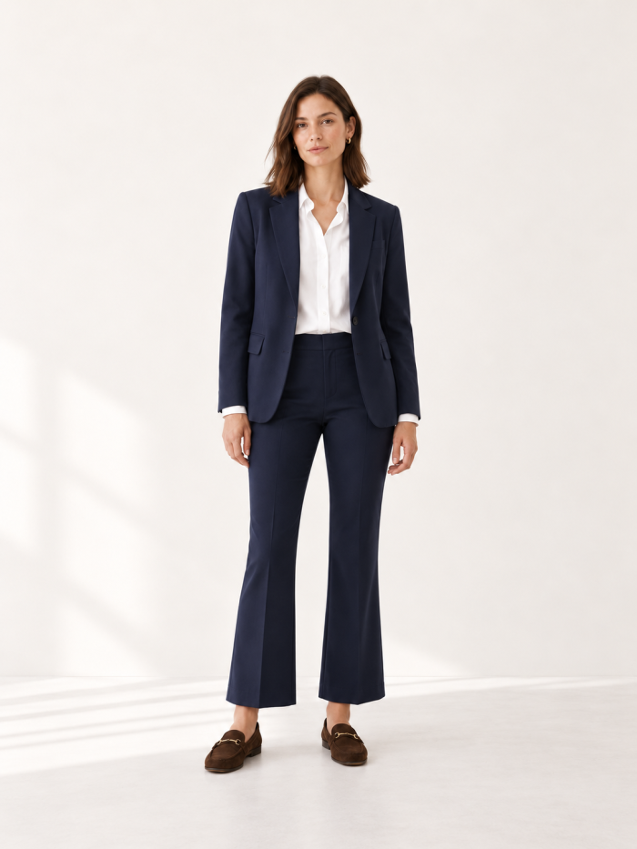 Modelo con pantalón flare azul marino de mujer MISIA, americana y camisa blanca