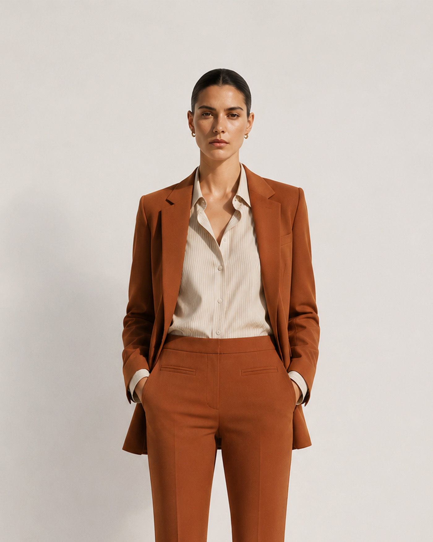 Uniforme de azafata para eventos con traje terracota diseñado por MISIA