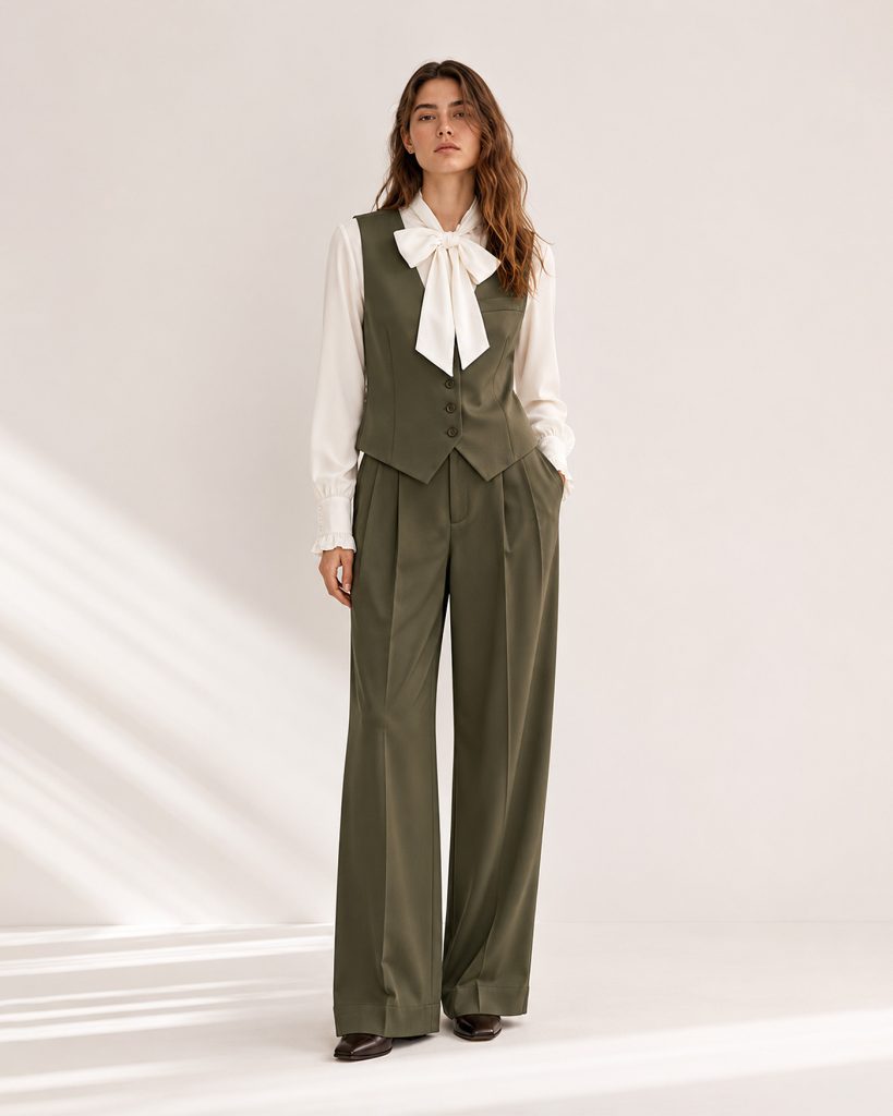 Uniforme de azafata con chaleco y pantalón verde oliva diseñado por MISIA