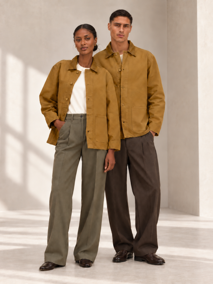 Dos modelos con chaqueta NILO de lona de algodón en color bronce