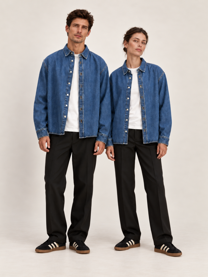 Dos modelos con sobrecamisa DUNA de denim azul, pantalones negros y Adidas Spezial