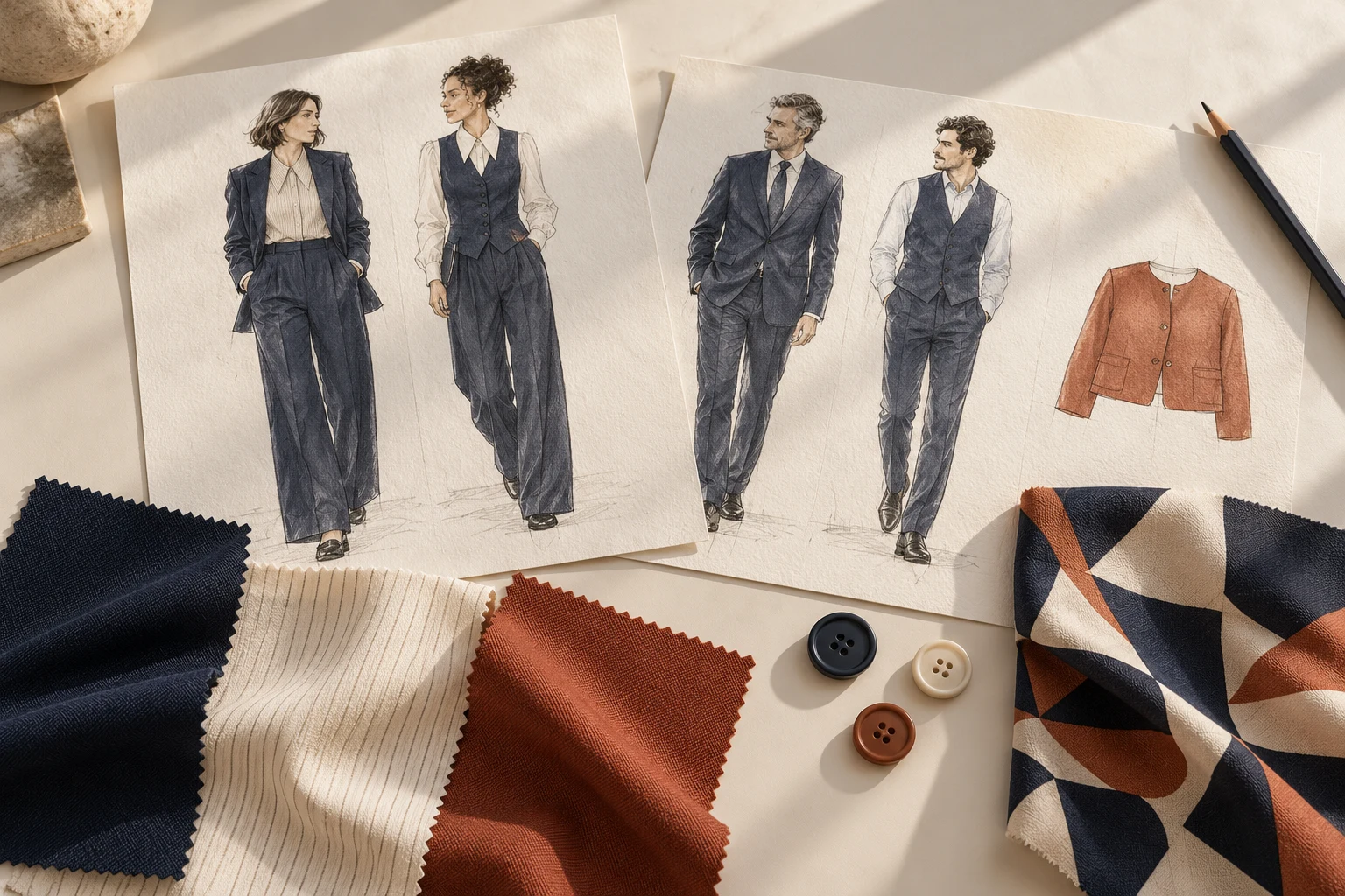 Composición conceptual con bocetos, muestras textiles y pañuelo en navy, crudo y terracota