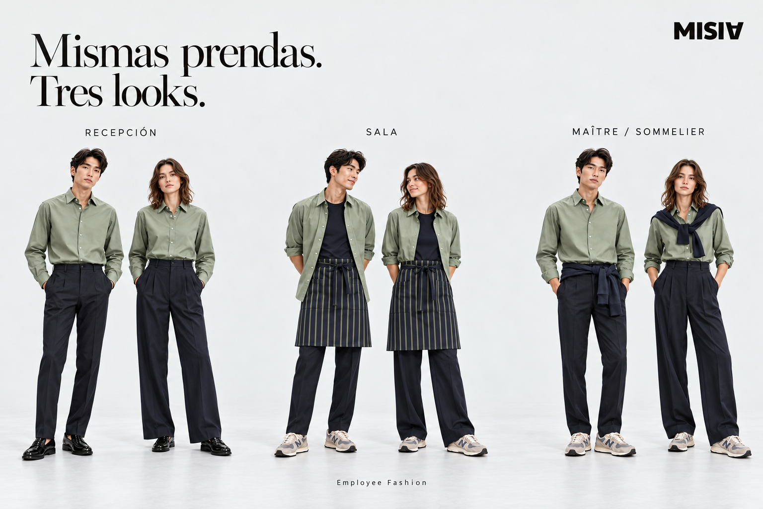 Seis looks de hombre y mujer en verde salvia y azul marino: recepción con zapatos, sala con delantal de rayas y maître o sommelier con zapatillas.