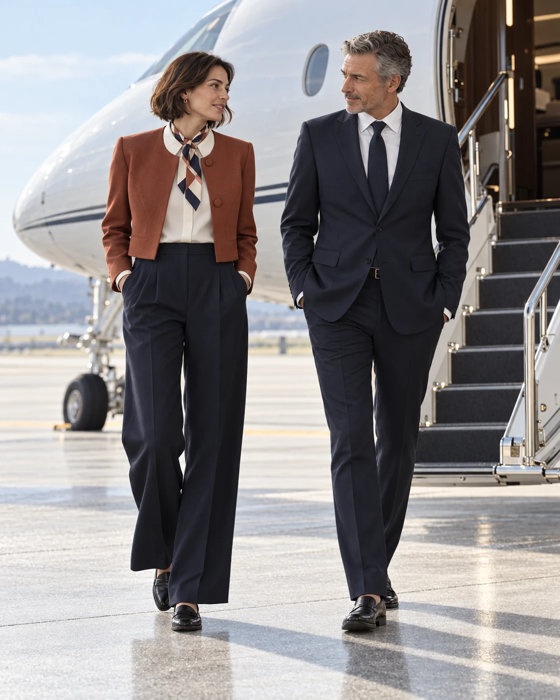 Propuesta creativa de MISIA para aviación privada con chaqueta terracota y traje navy