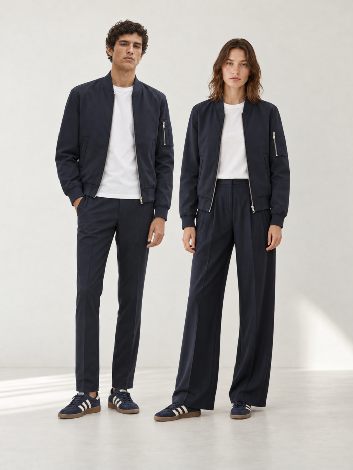 Pareja con bomber RUNE y pantalones azul marino, camiseta blanca y zapatillas